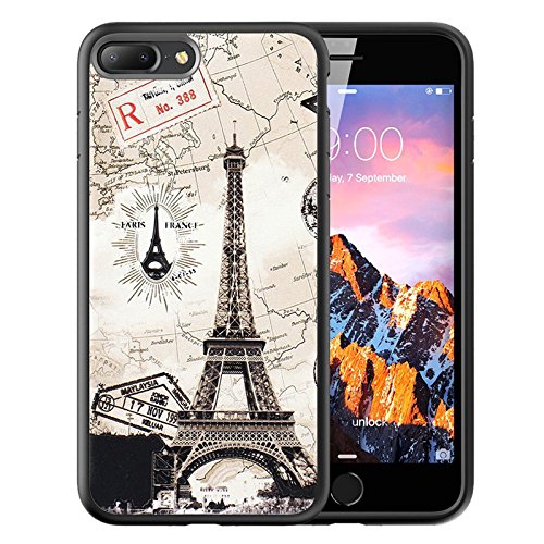 iPhone 7 Plus Black Case, Customized Black Soft Rubber TPU Case For iPhone 7 Plus Case Black Eiffel Tower retro envelope pattern