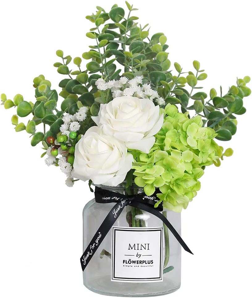 Nubry Artificial Flowers Silk Roses Fake Babys Breath Flower Eucalyptus Leaves Berries Arrangements Wedding Bouquet Indoor Home Faux Plants Décor (White Without Vase)
