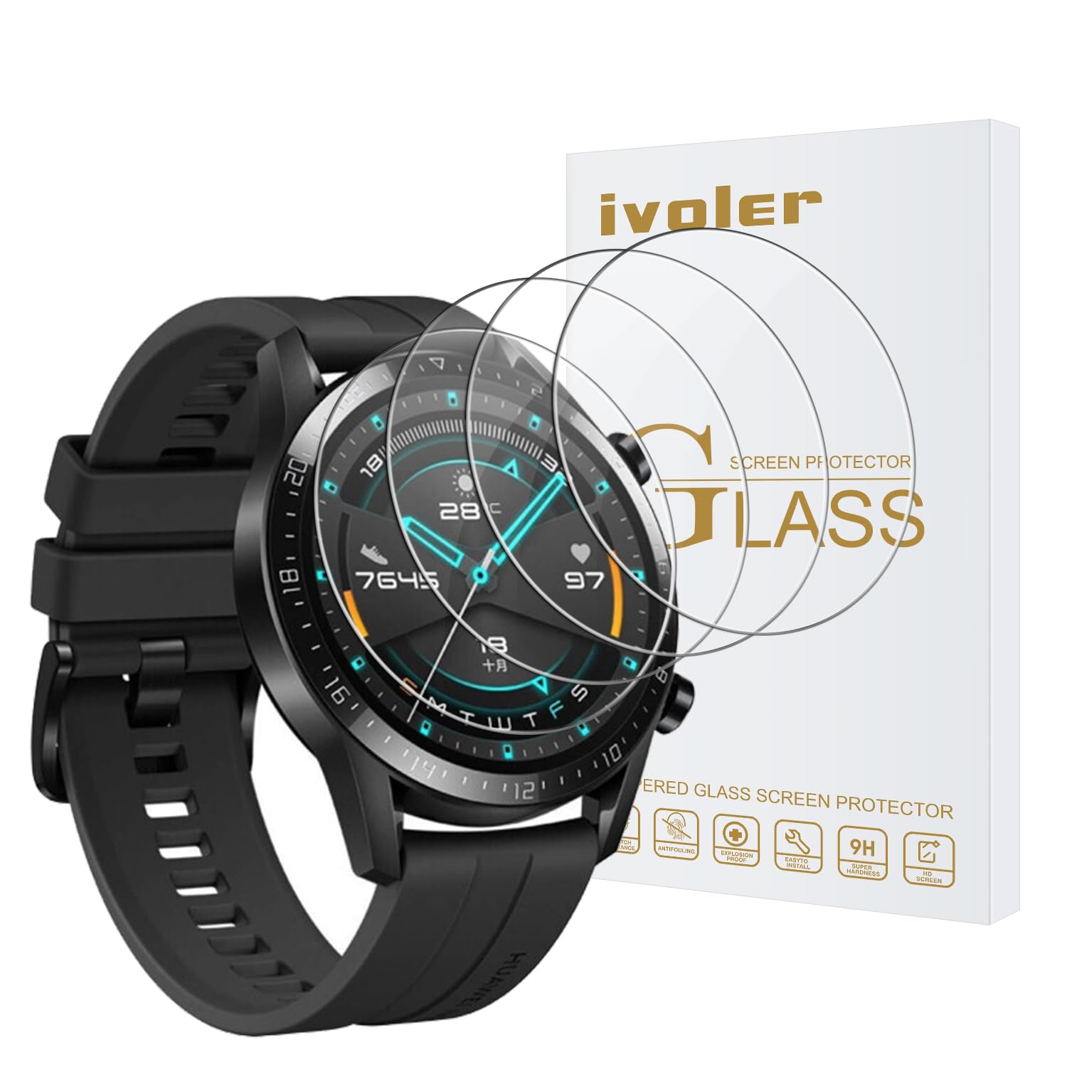 ivoler 4 Pack Screen Protector for Xiaomi Watch S1 Active/Huawei Watch GT 3 46mm/ GT 2 46mm/ GT Runner/Garmin Forerunner 255/255 Music 46mm / 735XT / 945/935 / Fenix 5 Plus 47mm [9H Hardness]