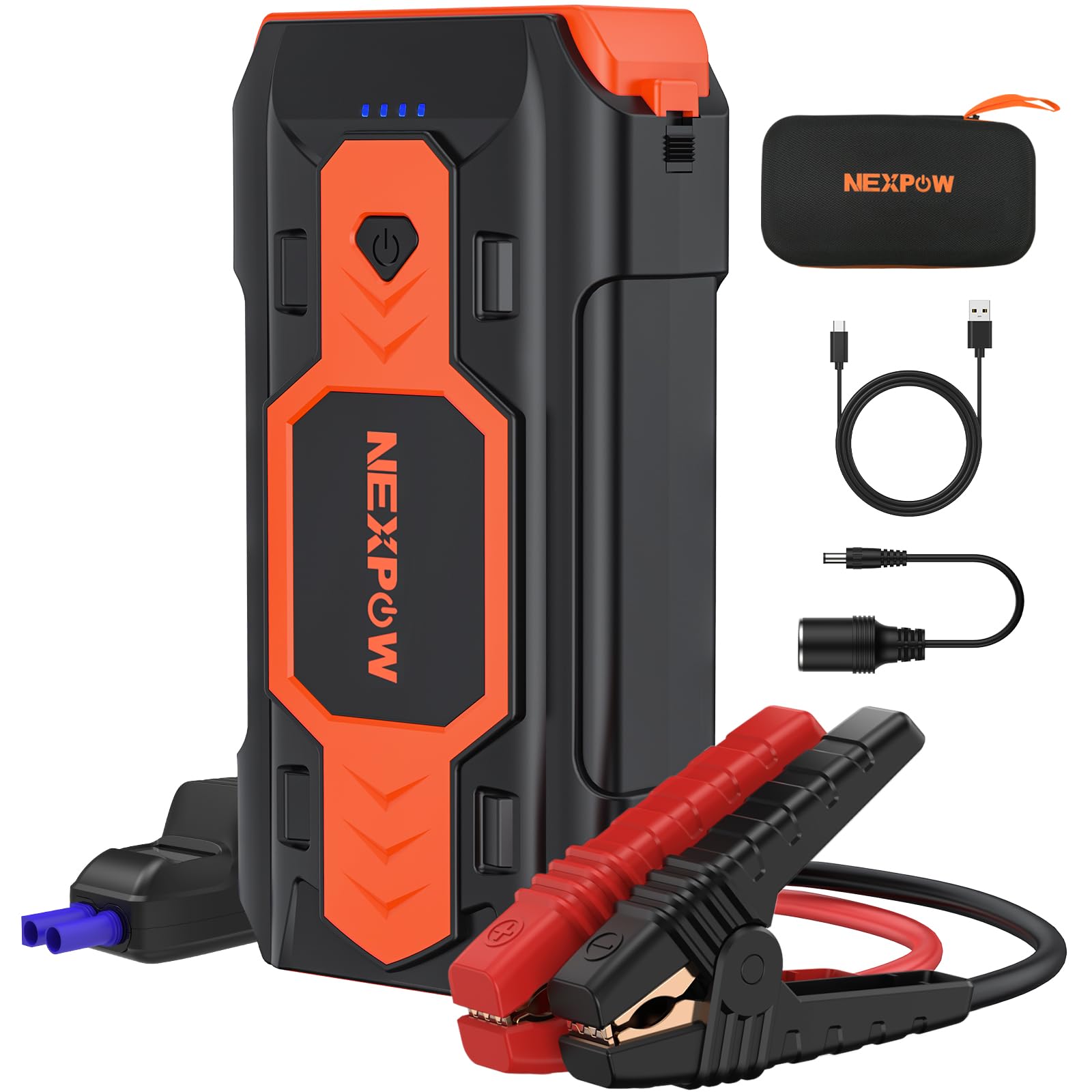 NEXPOW Arrancador de batería de coche 3000 A, arrancador de puente portátil (hasta 8,0 L de gasolina/8 L de motores diésel) Paquete de refuerzo de batería de coche de 12 V con carga rápida USB 3.0 y 4 modos LED Advertencia roja y azul