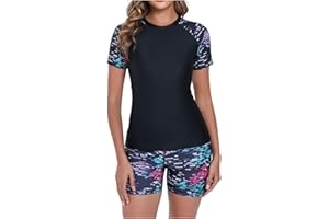 Zzalalana Women's 2 Piece Rash Guard Short Sleeve UPF 50+ Swim Shirts Built in Bra Swimsuit Bathing Suit with Boyshorts
