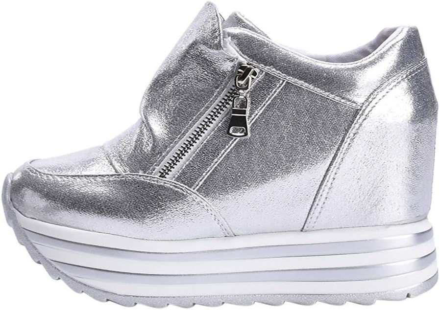 Falaiduo Women Sneakers Wedges 4cm Sport Round-Toe Non-Slip Thick Bottom Zipper Casual Shoes Flat Casual Platform Ankle Leisure Sneakers