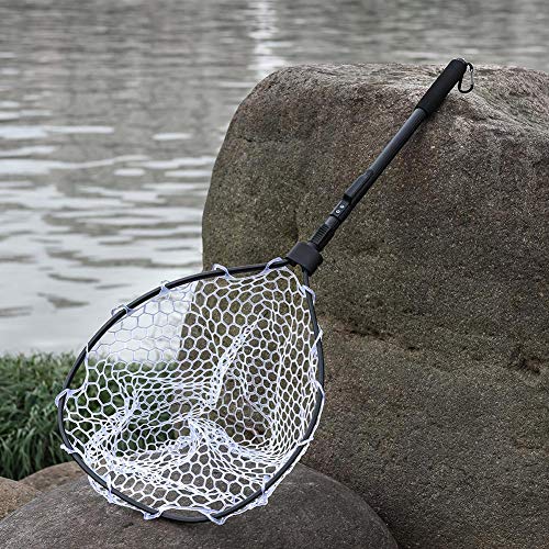 Ultra Lightweight Fish Landing Net,Black Aluminum Alloy Fast Folding Fly Fishing Net Soft Rubber Mesh Catch Release Net - Thumbnail 4