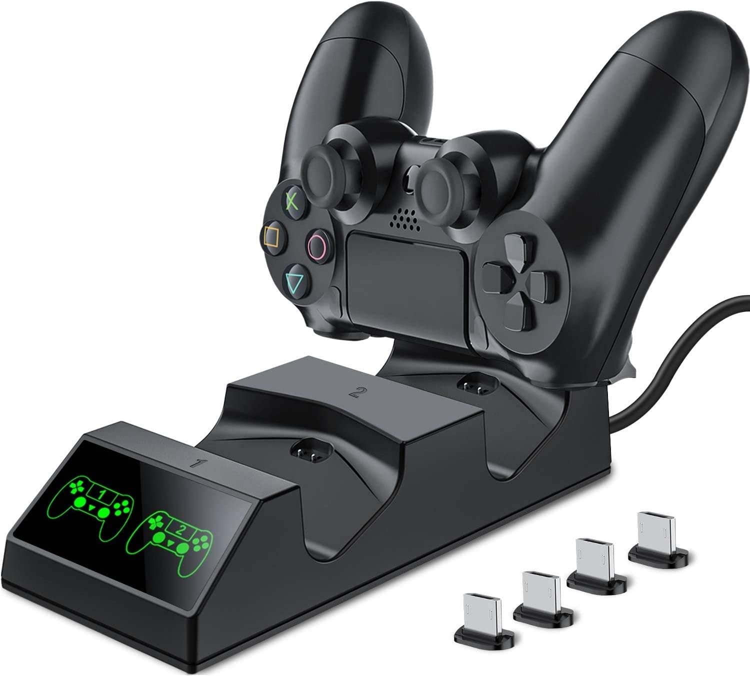 BEBONCOOL Charger for PS4 Controller with USB PS4 Accessory Kits PS4 Charging Dock for Sony PS4/PS4 Slim/PS4 Pro Controllers with 4 Micro USB Charging Dongles