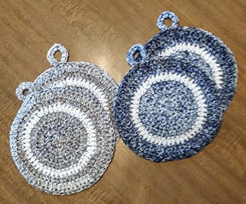 Hand Crocheted Large Round Potholders, Double Thick Cotton, set of two, granite gray wash or denim wash