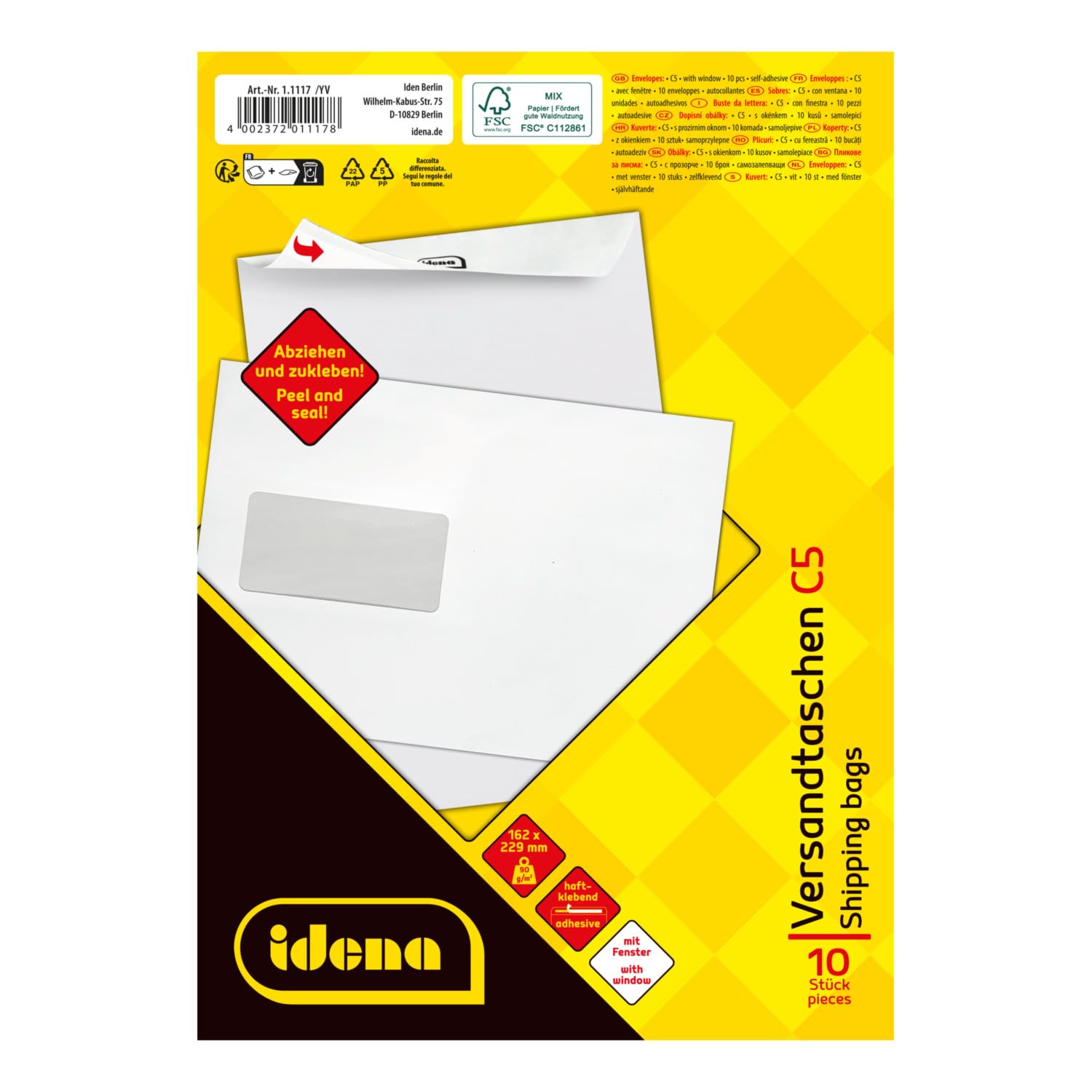 Idena 11117 Envelope DIN C5 90 g/m2 Peel and Seal with Window FSC Mix Pack of 10 White