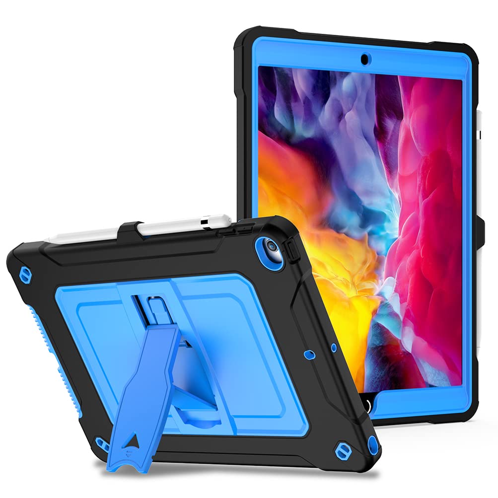 Tablet Case for iPad 10.2 Inch Generation 7/8/9 (2019/2020/2021) Silicone Case with Side Folding Bracket and Shoulder Strap, Black + Blue