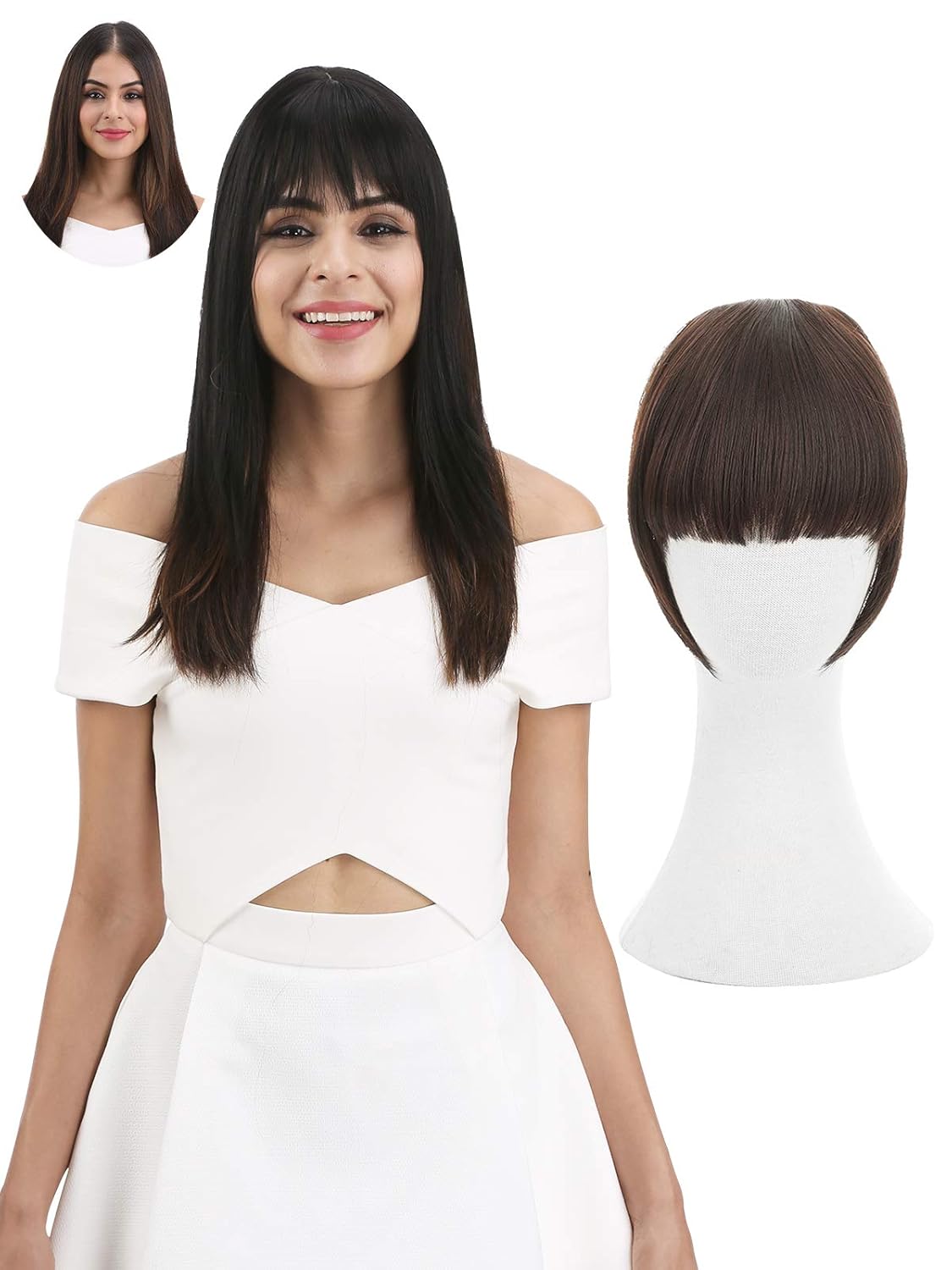 REECHO Fashion Full Length Synthetic 1 Piece Layered Clip in Hair Bangs Fringe Hairpieces Hair Extensions Color - Black Brown