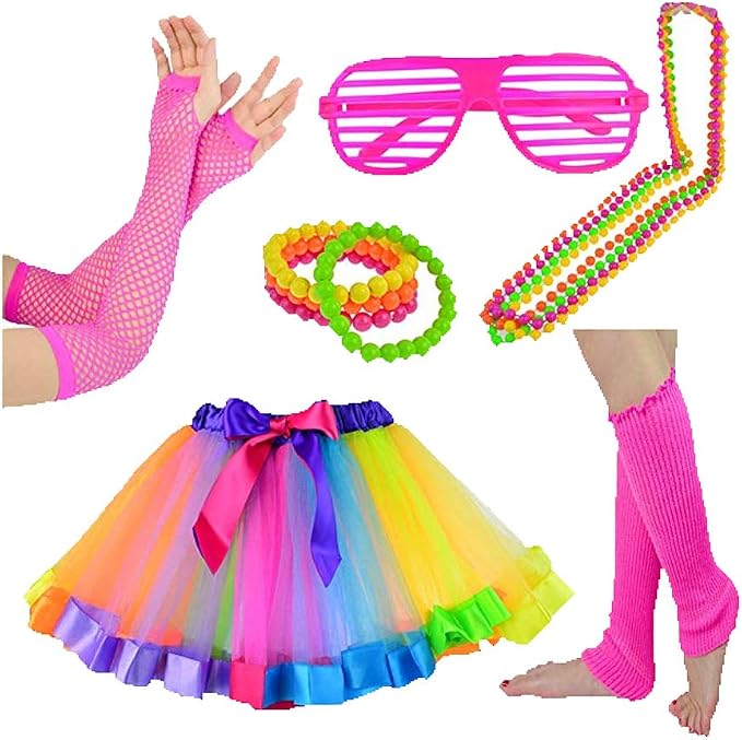80er Jahre Kostüm-Set Für Frauen & Kinder – Inkl. Tutu-Rock, Neon-Beinschoner, Netzhandschuhe, Schmuck & Mehr (9-teilig)
