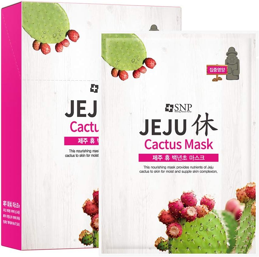 SNP - Jeju Rest Cactus Korean Face Sheet Mask - Nourishing & Moisturizing Effects for All Sensitive Skin Types - 10 Sheets - Best Gift Idea for Mom, Girlfriend, Wife, Her, Women
