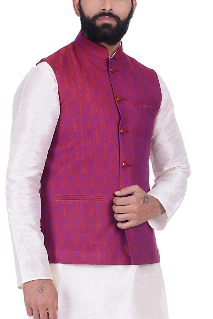 kisah jaquard cotton silk magenta men's nehru jacket