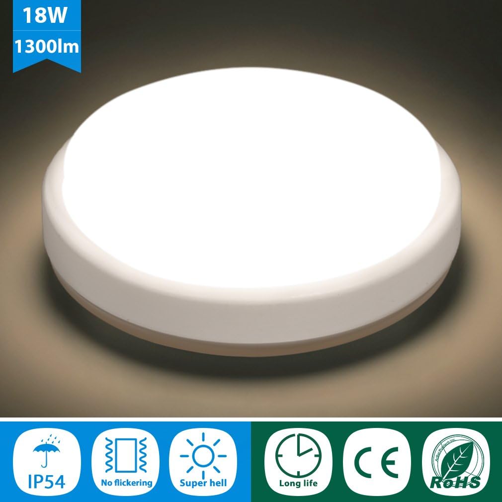 J&C® 18W LED Ceiling Light Equivalent 110W Traditional Lights Circular IP54 1300LM AC220-240V Natural White 4000K Led PC Mask Ceiling Light for Kitchen Bathroom Bedroom [Energy Class A++]