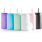 FECBK 6 Pack Glass Cups with Lids and Straws Unbreakable 16 oz Stainless Steel Can Cup Double Wall Insulated Beer Can Tumbler for Iced Coffee, Juice, Soda, Bright-Colored