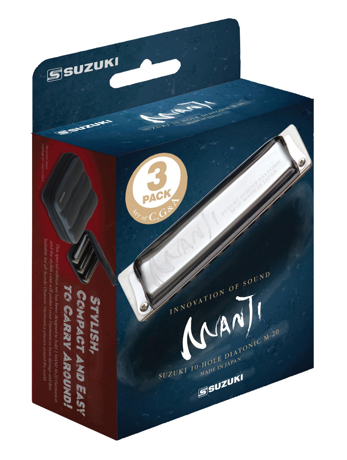 Suzuki Manji Diatonic Harmonica 3-pieces set keys(C,G,A) w/EVA zipper case - M-20-MP,Silver