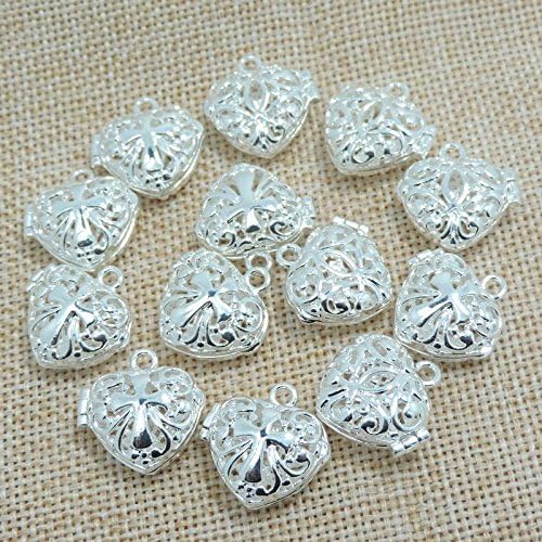 10pcs Brass Heart Shape Hollow Locket Necklace Fragrance Aromatherapy Essential Oil Diffuser Fit DIY,Jewelry Making
