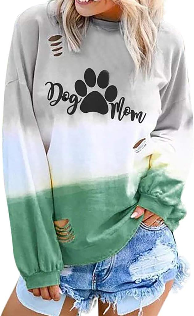 Rockia Graphic Sweatshirts for Women Funny Fall Long Sleeve Shirts Dog MOM Letter Print Tunic T-Shirt Tops Blouse Tee
