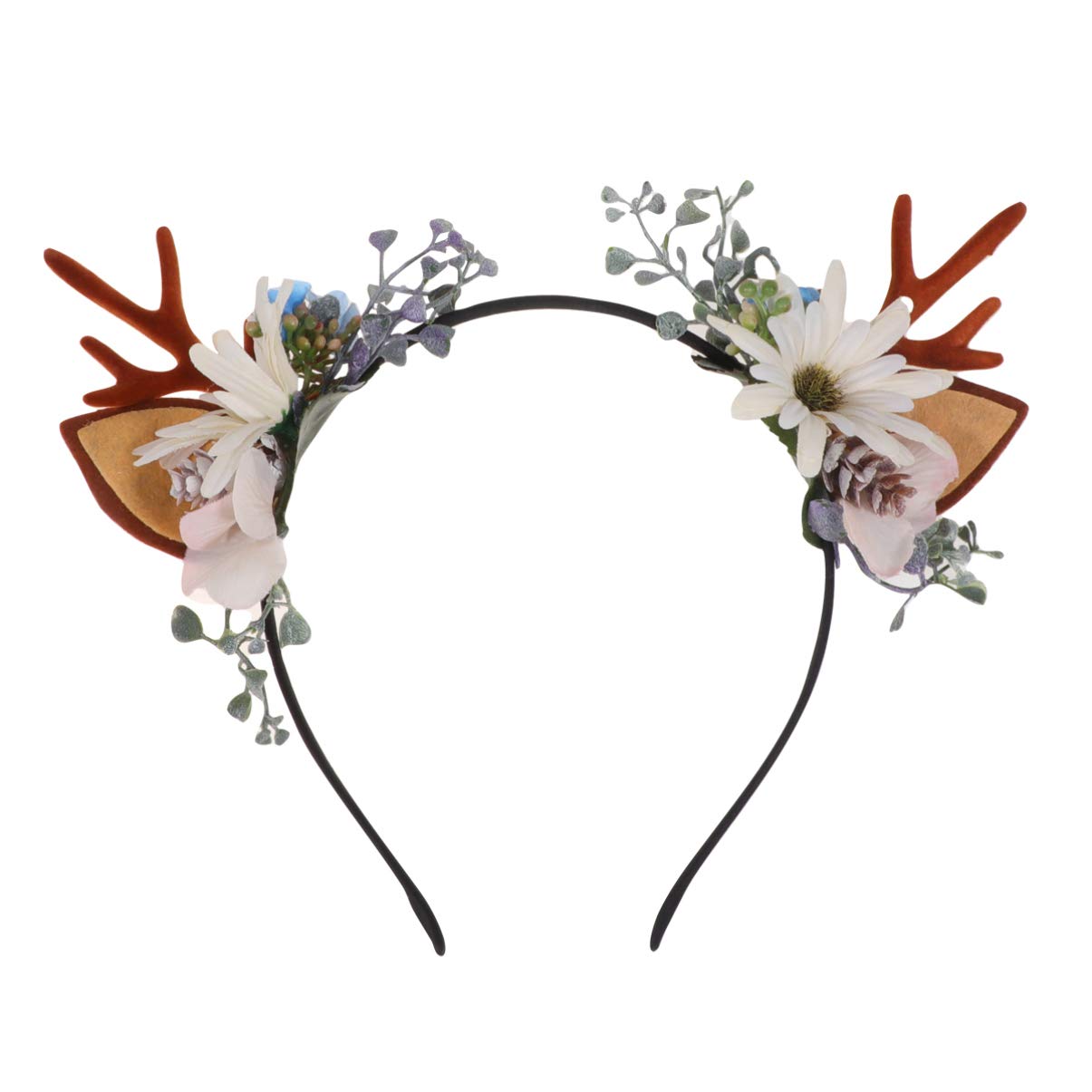 Lurrose Antler Headband Christmas Deer Flower Headband Berry Reindeer Hair Accessories for Party Festival (White)