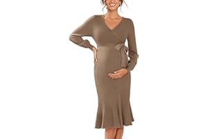 V FOR CITY Maternity Sweater Dress for Baby Shower Party Wrap V Neck Puff Sleeve Tie Waist Pleated Midi Dresses