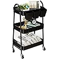 danpinera 3-Tier Rolling Cart, Metal Rolling Storage Cart with Lockable Wheels & Hanging Cups & Hooks, Mobile Trolley Cart for Kitchen, Bathroom, Office, Workshop, Black