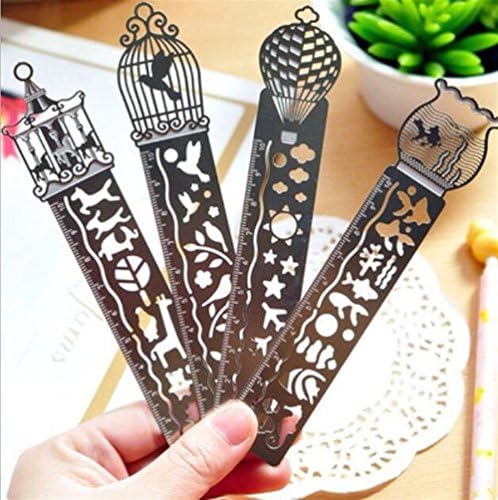 Dalino Interesting School Supplies 4 Pcs Exquisite Metal Bookmarks with Scales Multifunction Painting Icon Model Ruler