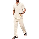 OLEMEK Men's Summer Beach Short Sleeve Ribbed Button Down Cuban Shirt and Pants 2 Pieces Set Loungewear Sleepwear