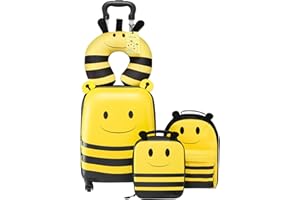 VEVOR Unisex Kids Classic 5 Piece, 18 Inch Hardside Rolling Wheels Suitcase with Backpack & U-Shape Pillow, Bee Kids Carry on