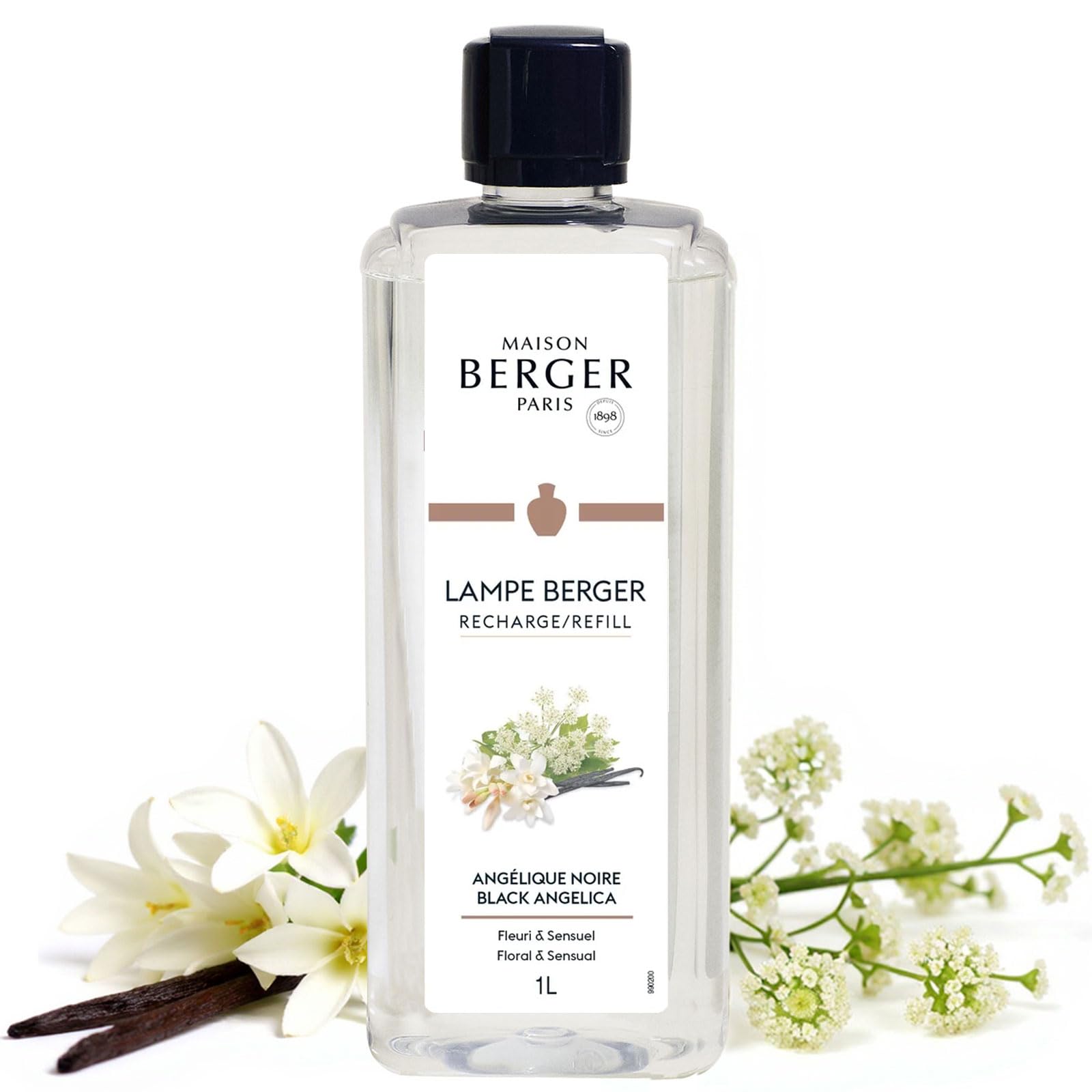 MAISON BERGER Black Angelica Lamp Berger Fragrance Refill, 1 Liter – 2-in-1 Catalytic System, Neutralizes Odours Then Diffuses Fragrance, Floral Amber Scent with Hints of Vanilla