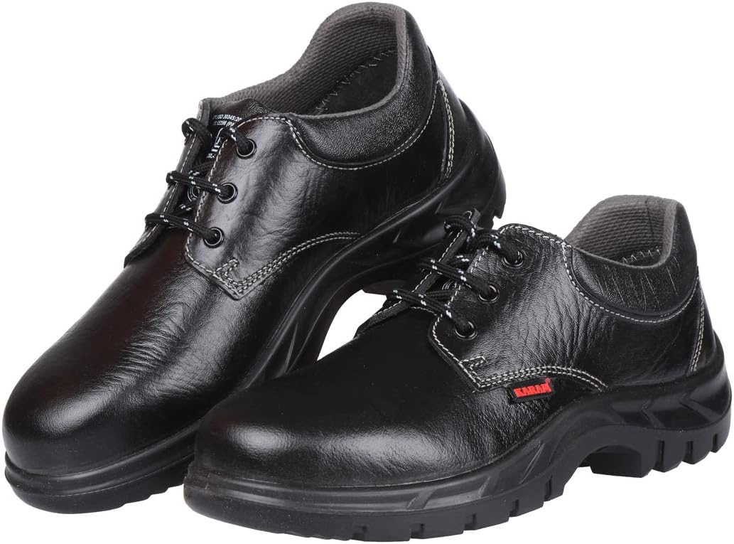 KaramFS02 Black Leather Safety Shoes for Men | Single Density with Fiber Toe | Antistatic, Antislip, Oil & Heat Resistant