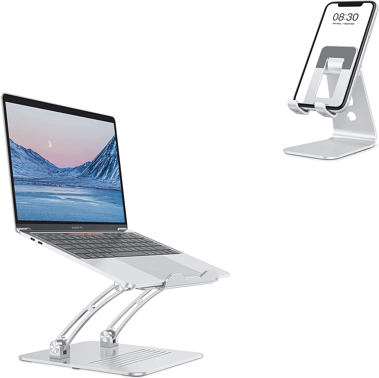 OMOTON Adjustable Laptop Stand Holder for Desk Silver & Cell Phone Stand C3 Silver