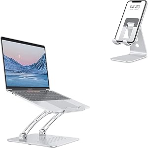 OMOTON Adjustable Laptop Stand Holder for Desk Silver & Cell Phone Stand C3 Silver