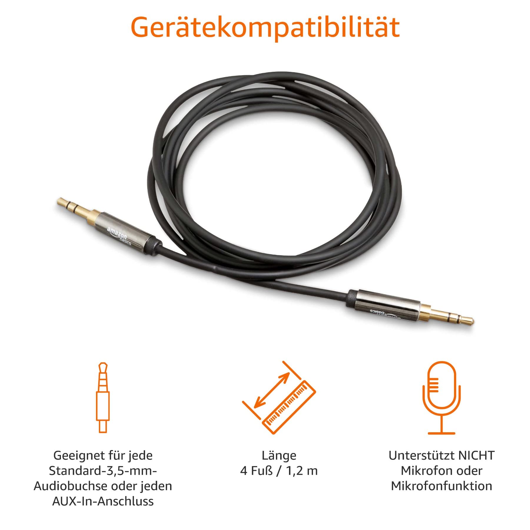 Amazon Basics Auxiliary Kabel, Stereo-Audiokabel, 3,5 mm-Klinkenstecker auf 3,5 mm-Klinkenstecker, 1.2 m, Schwarz 4