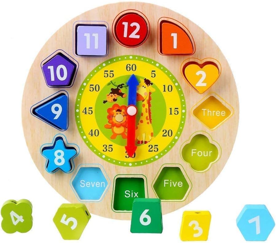 Afunti Toddler Clock Toy Wooden Shape Sorting Teaching Time Number Blocks Lacing Beads Block Learning Educational Toys for Toddlers Boys Girls 3, 4, 5 Years Old