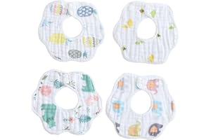 NULYLU 4pcs Rotatable Cotton Bibs Double-breasted Printed Feeding Bibs Soft Absorbent Cartoon Design for