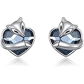 925 Sterling Silver Fox Studs Earrings with Blue Heart Crystal from Austria Fox Jewelry Gifts for Women