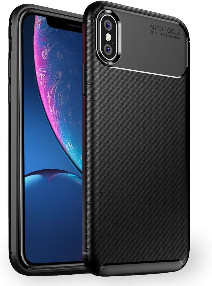 NALIA Silicone Case compatible with iPhone X/XS, Carbon Look Protective Back-Cover, Ultra-Thin Rugged Smart-Phone Soft Rubber Skin, Shockproof Slim-Fit Bumper Protector Backcase Shell Etui - Black