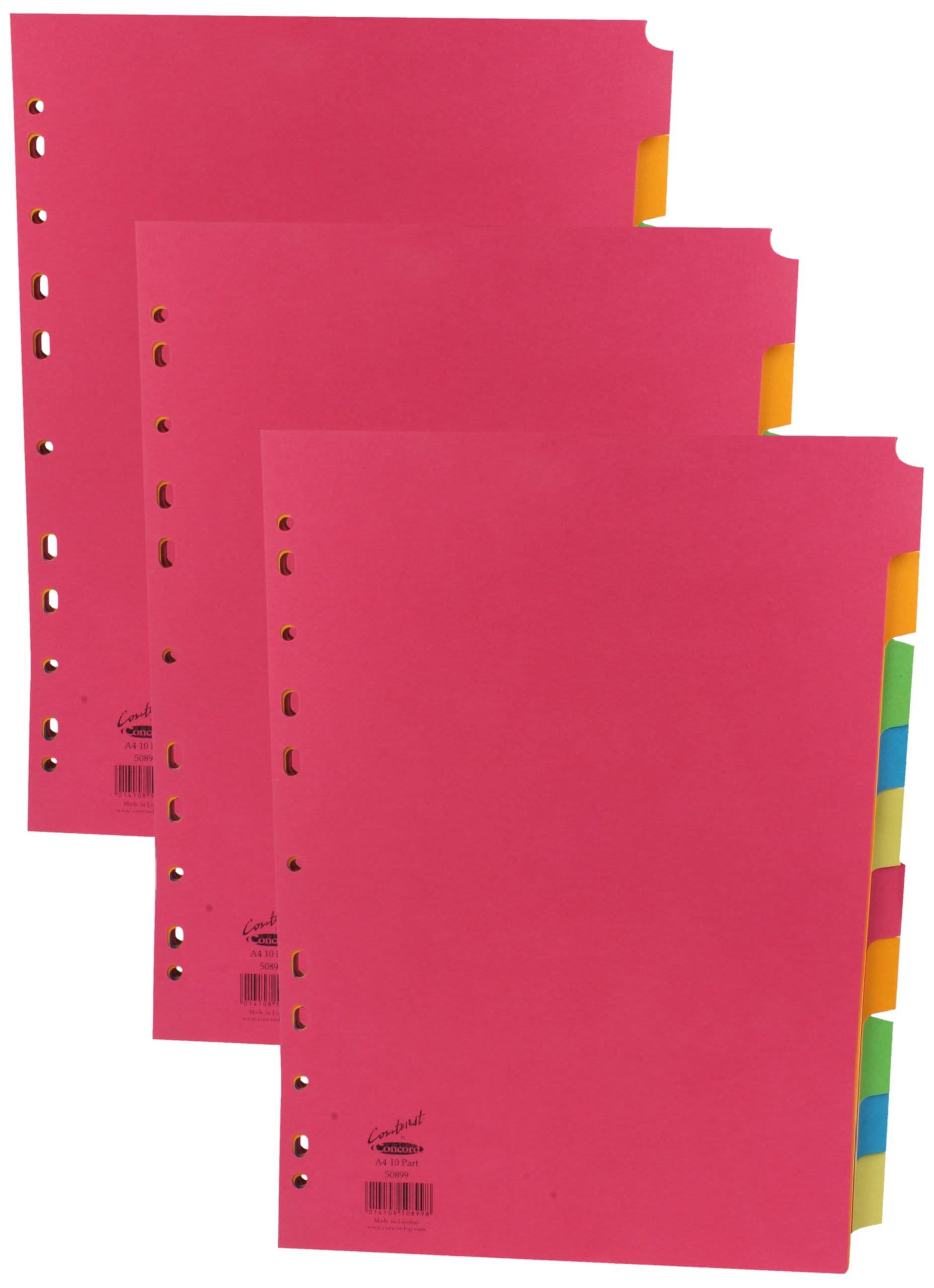 Concord Bright Subject Dividers Europunched 10-Part A4 Assorted Ref 50899 (Pack of 3)
