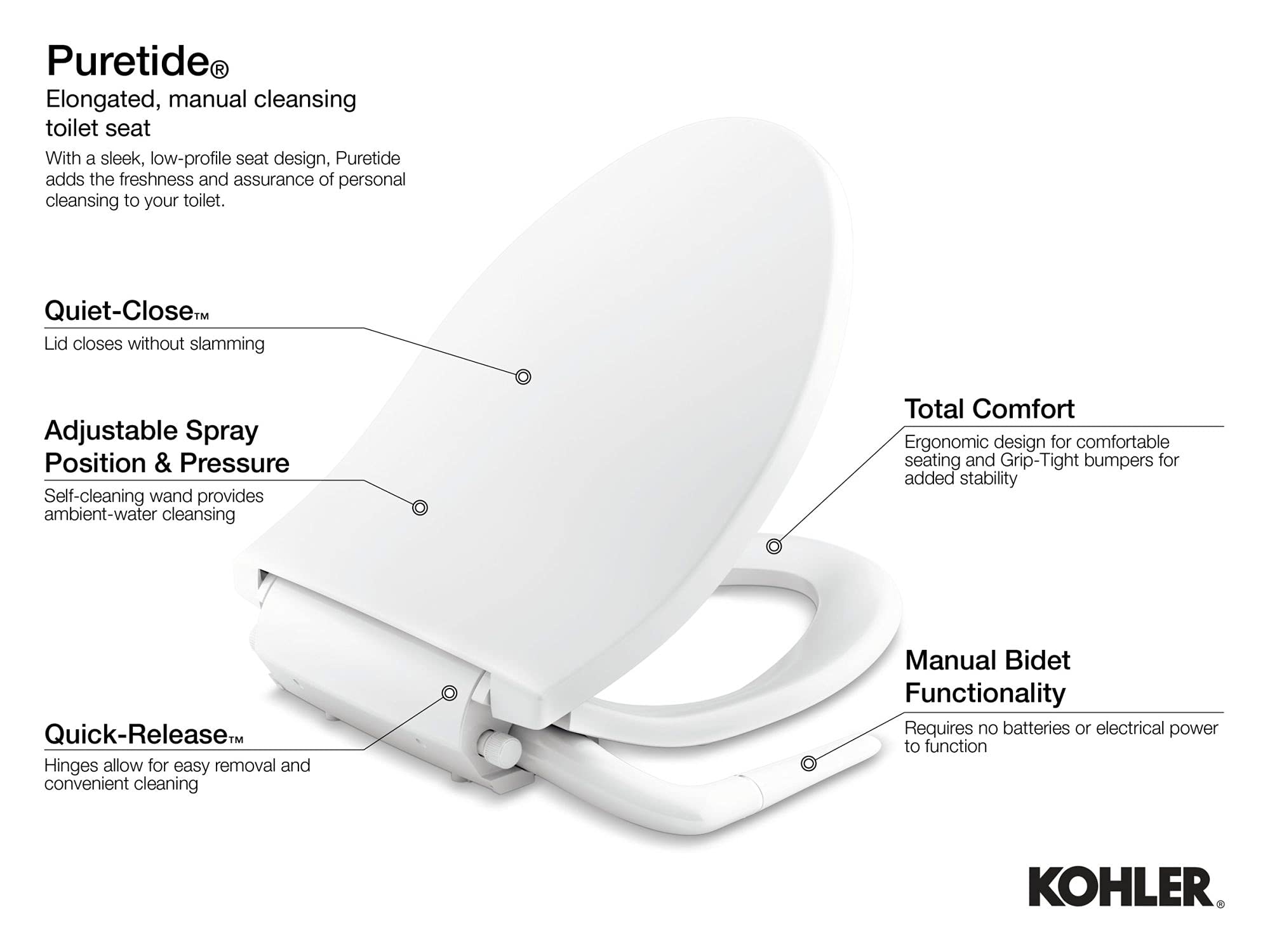 KOHLER 5724-96 Puretide Elongated Bidet Toliet Seat, Manual Non-Electric Bidets for Existing Toilets, Adjustable Bidet Sprayer, Biscuit