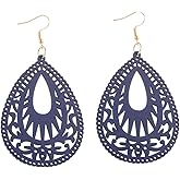 Bohemian Geometric Wood Earrings for Women Vintage Natural Wooden African Lightweight Teardrop Dangle Earrings Statement Boho Jewelry