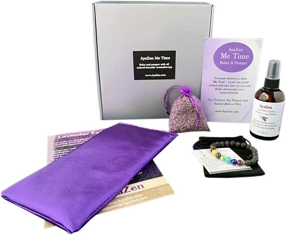 Relaxation Gift Set For Women- AyaZen Lavender Eye Pillow-Lavender Spray, Sachet and Lavender Soy Candle. Aromatherapy Stress Relief, Christmas Gifts. Perfect Yoga and Meditation Pillow. Made In USA