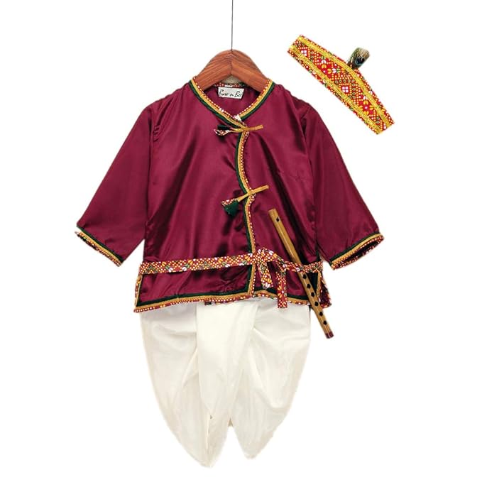 BownBee By Hopscotch Baby Boys Polyester Kanhaiya Top Cream Dhoti Set in Maroon Color