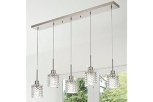 TODOLUZ Kitchen Island Light in Brushed Nickel, 5-Light Farmhouse Pendant Lighting Fixtures for Dining Room Pool Table, Linear Chandelier with Hammered Glass