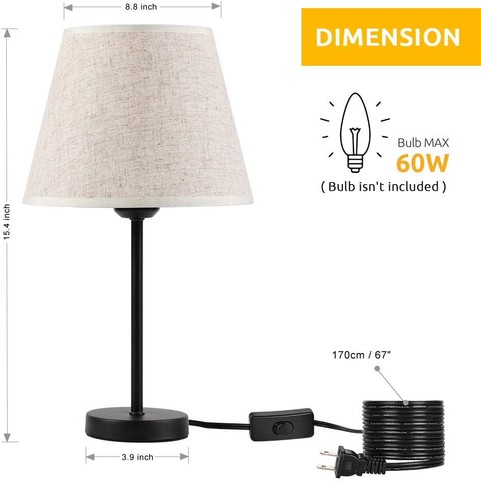 HAITRAL Bedside Table Lamps - Small Nightstand Lamps Set of 2 with Fabric Shade Bedside Desk Lamps for Bedroom, Living Room, Office, Kids Room, Girls Room, Dorm 15 Inches - Black: Home Improvement