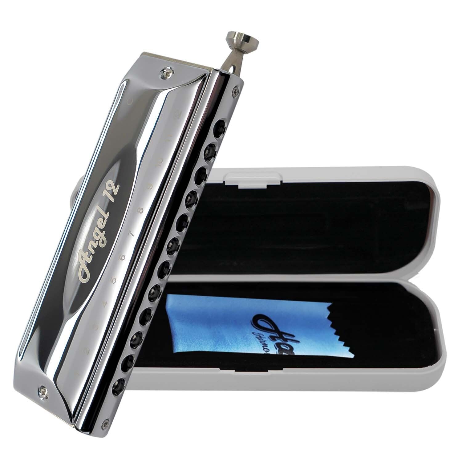 Harmo Angel 12 Chromatic Harmonica Key of A - 12 Hole Mouth Organ with Precision Slider, Phosphore Bronze Reeds, Suitable for All Genres - Harmonica for Beginners to Professionals, Designed in USA