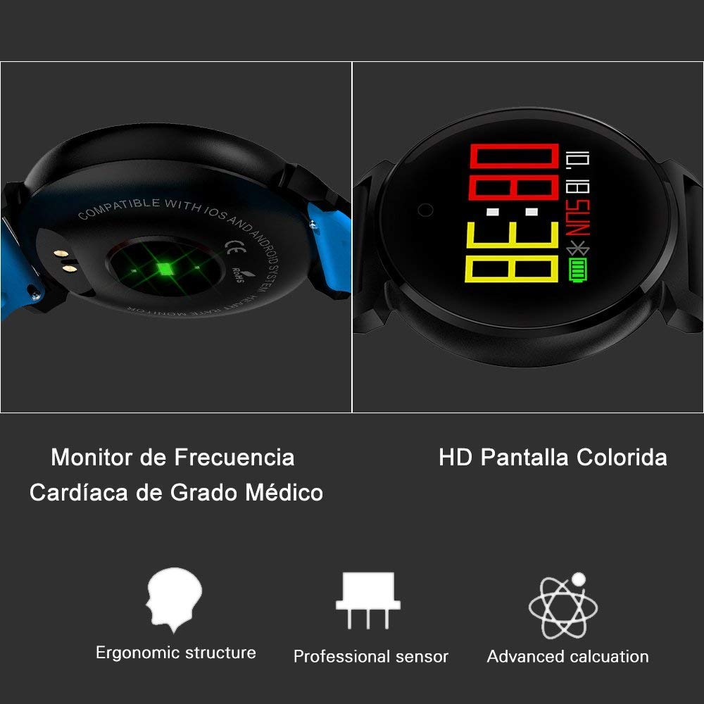 Reloj Inteligente Pulsera Actividad Impermeable de IP68 con Pantalla HD (Azul)