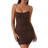 KUTUMAI Women's Ruched Bodycon Mini Dress Summer Spaghetti Strap Party Club Dresses