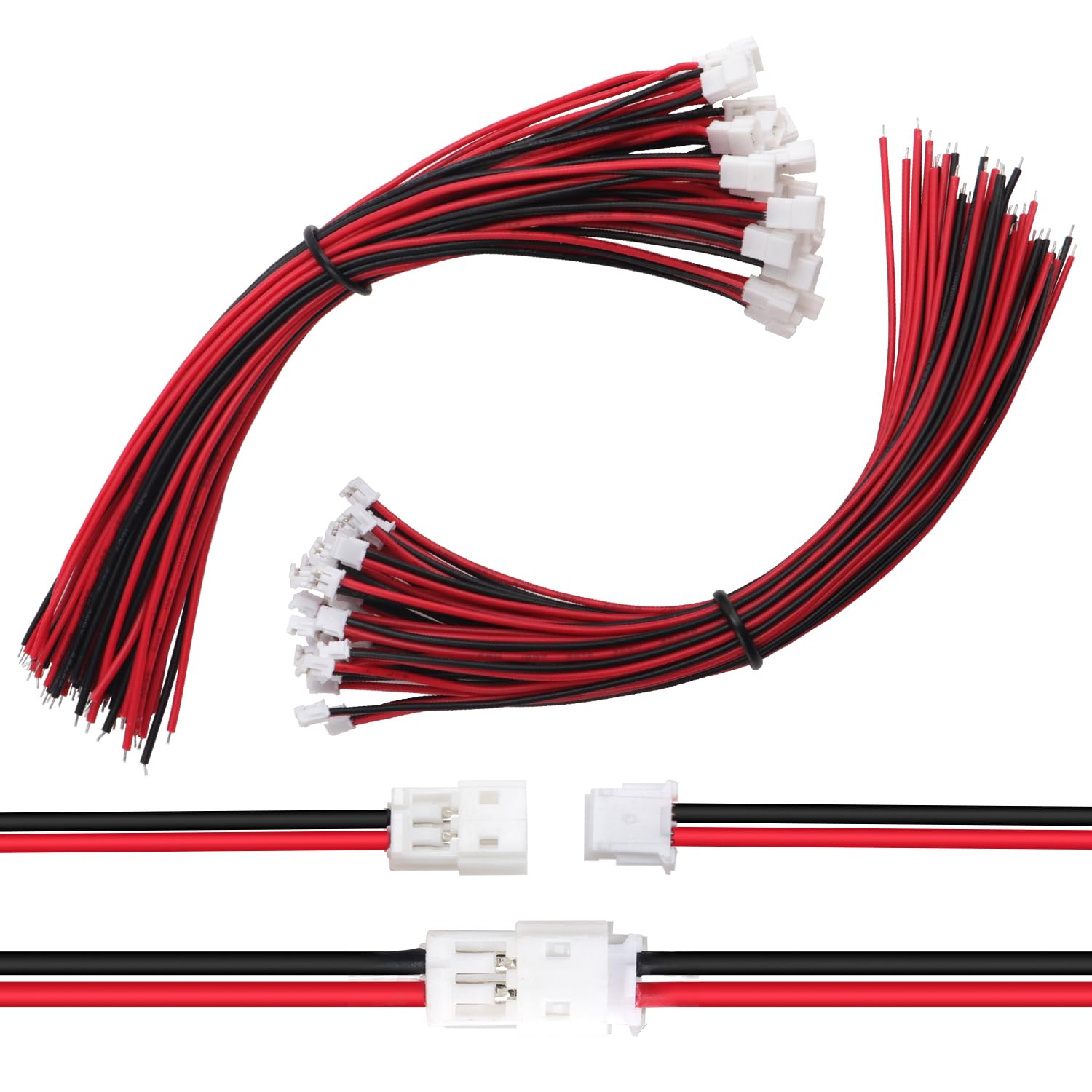 Lyeteung 30 Pairs Mini Micro JST-ZH 1.5 Plug Connector, JST 2 Pin Micro Electrical Male and Female Connector Plug Wire Cable, with 150mm 26AWG Wire (Black Red)