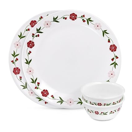 Corelle Spring Pink ES Glass Dinnerware Set, 4-Pieces, White