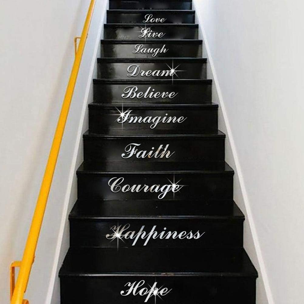 Fdit Acrylic Mirror Wall Sticker, Self Adhesive Stair Decoration with English Letters Home Living Room Wall Decor 20x17cm (Silver) - Image 5