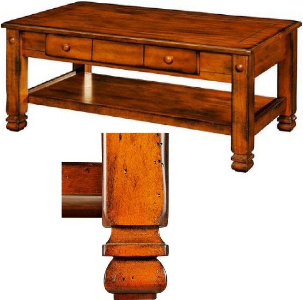 Mesa de café Tallada con Dos cajones y Estante de Madera de Roble