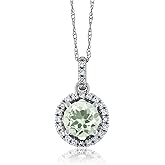 Gem Stone King 1.12 Ct Round Green Prasiolite White Diamond 14K White Gold Pendant